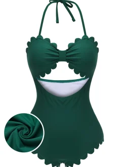 Clearance Retro Stage [US Warehouse] 1940s Solid Halter One-piece Swimsuit Dark Green