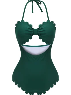 Clearance Retro Stage [US Warehouse] 1940s Solid Halter One-piece Swimsuit Dark Green