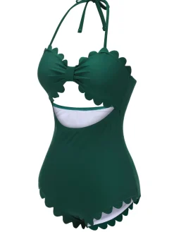 Clearance Retro Stage [US Warehouse] 1940s Solid Halter One-piece Swimsuit Dark Green