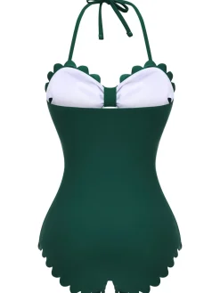 Clearance Retro Stage [US Warehouse] 1940s Solid Halter One-piece Swimsuit Dark Green