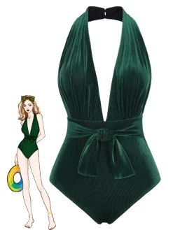 Best Retro Stage [US Warehouse] 1970s Velvet Deep V-Neck Swimsuit Dark Green