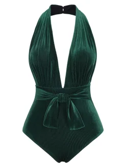 Best Retro Stage [US Warehouse] 1970s Velvet Deep V-Neck Swimsuit Dark Green