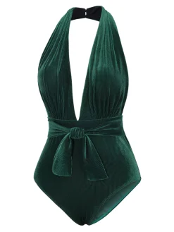 Best Retro Stage [US Warehouse] 1970s Velvet Deep V-Neck Swimsuit Dark Green