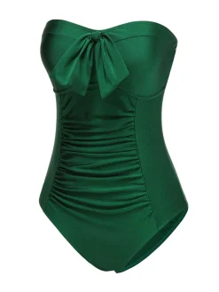 Discount Retro Stage [US Warehouse] 1970s Solid Pleated Bandeau Swimsuit Dark Green