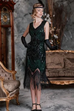 Best Retro Stage [US Warehouse] Dark Green 1920s Sequined Flapper Dress