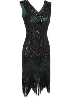 Best Retro Stage [US Warehouse] Dark Green 1920s Sequined Flapper Dress