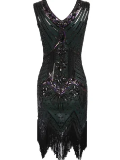 Best Retro Stage [US Warehouse] Dark Green 1920s Sequined Flapper Dress