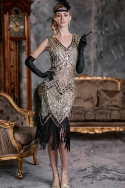Best Retro Stage [US Warehouse] Dark Green 1920s Sequined Flapper Dress