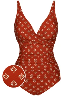 Best Retro Stage [US Warehouse] 1940s Leaves V-Neck Swimsuit Fire Brick Red