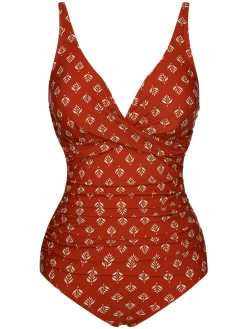 Best Retro Stage [US Warehouse] 1940s Leaves V-Neck Swimsuit Fire Brick Red
