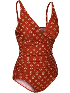 Best Retro Stage [US Warehouse] 1940s Leaves V-Neck Swimsuit Fire Brick Red
