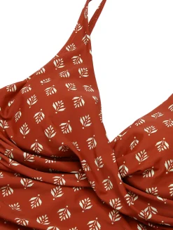 Best Retro Stage [US Warehouse] 1940s Leaves V-Neck Swimsuit Fire Brick Red