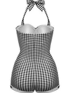Fashion Retro Stage [US Warehouse] Gingham 1950s Halter Bowknot One-piece Swimsuit