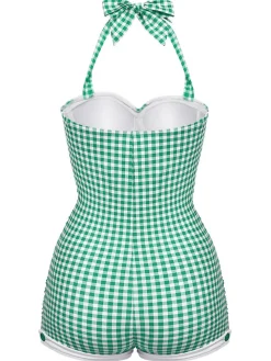Fashion Retro Stage [US Warehouse] Gingham 1950s Halter Bowknot One-piece Swimsuit