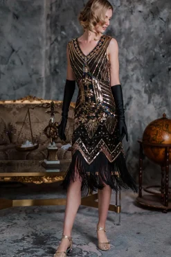 Online Retro Stage [US Warehouse] 1920s Beaded Fringed Flapper Dresses Gold