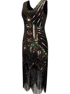 Online Retro Stage [US Warehouse] 1920s Beaded Fringed Flapper Dresses Gold