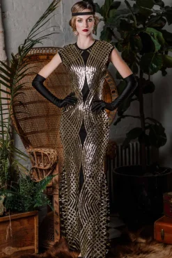 Sale Retro Stage [US Warehouse] 1920s Sequin Maxi Dress Gold