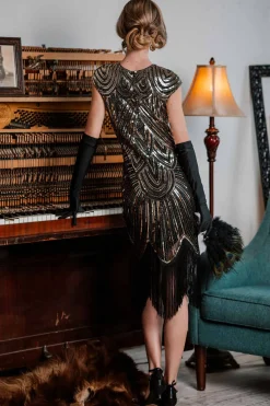 Discount Retro Stage [US Warehouse] Gold 1920s Sequin Beaded Fringed Dress