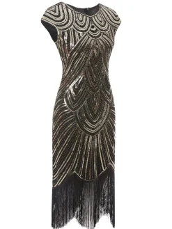 Discount Retro Stage [US Warehouse] Gold 1920s Sequin Beaded Fringed Dress