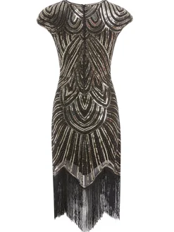 Discount Retro Stage [US Warehouse] Gold 1920s Sequin Beaded Fringed Dress