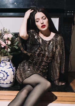 Hot Retro Stage [US Warehouse] 1920s Sequined Flare Sleeve Dress Gold