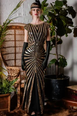 Online Retro Stage [US Warehouse] 1920s Sequin Art Deco Maxi Dress Gold