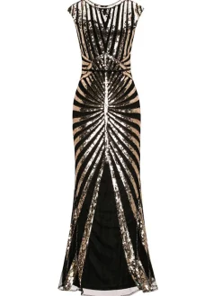 Online Retro Stage [US Warehouse] 1920s Sequin Art Deco Maxi Dress Gold