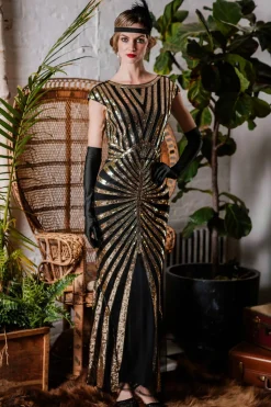 Online Retro Stage [US Warehouse] 1920s Sequin Art Deco Maxi Dress Gold