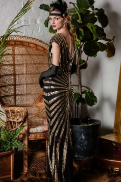Online Retro Stage [US Warehouse] 1920s Sequin Art Deco Maxi Dress Gold