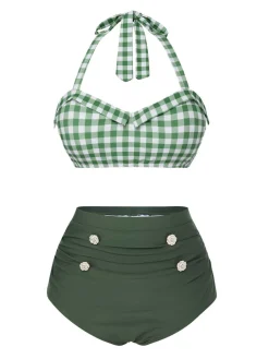 Online Retro Stage [US Warehouse] 1940s Halter Plaids Swimsuit Green Gray