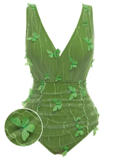 New Retro Stage [US Warehouse] 1960s 3D Butterfly Mesh Swimsuit Green