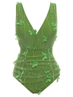 New Retro Stage [US Warehouse] 1960s 3D Butterfly Mesh Swimsuit Green