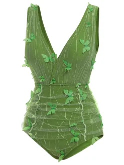 New Retro Stage [US Warehouse] 1960s 3D Butterfly Mesh Swimsuit Green