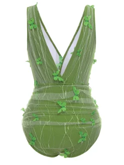 New Retro Stage [US Warehouse] 1960s 3D Butterfly Mesh Swimsuit Green