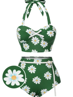 Sale Retro Stage [US Warehouse] 1930s Daisy Halter Swimsuit Green