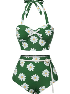 Sale Retro Stage [US Warehouse] 1930s Daisy Halter Swimsuit Green