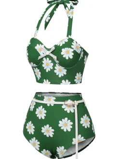 Sale Retro Stage [US Warehouse] 1930s Daisy Halter Swimsuit Green