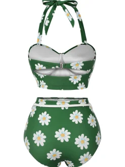 Sale Retro Stage [US Warehouse] 1930s Daisy Halter Swimsuit Green