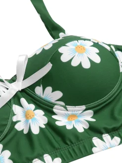 Sale Retro Stage [US Warehouse] 1930s Daisy Halter Swimsuit Green