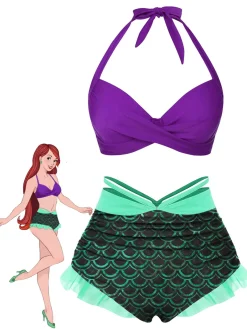 Sale Retro Stage [US Warehouse] 1970s Halter Mermaid Scales Swimsuit Green
