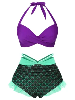 Sale Retro Stage [US Warehouse] 1970s Halter Mermaid Scales Swimsuit Green