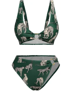 Discount Retro Stage [US Warehouse] 1940s Leopard Halter Split Swimsuit Green