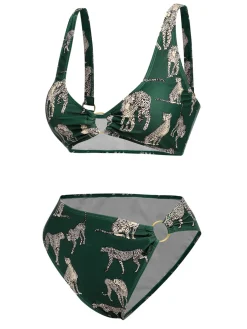 Discount Retro Stage [US Warehouse] 1940s Leopard Halter Split Swimsuit Green