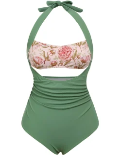 Hot Retro Stage [US Warehouse] Green 1930s Peony Halter One-Piece Swimsuit