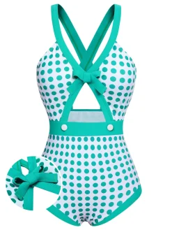 Discount Retro Stage [US Warehouse] 1940s Polka Dot Bowknot One-Piece Swimsuit Green