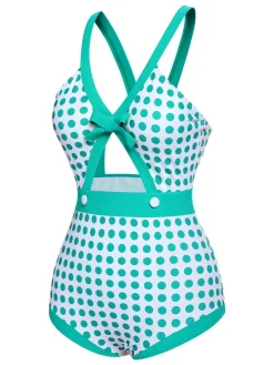 Discount Retro Stage [US Warehouse] 1940s Polka Dot Bowknot One-Piece Swimsuit Green