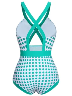Discount Retro Stage [US Warehouse] 1940s Polka Dot Bowknot One-Piece Swimsuit Green