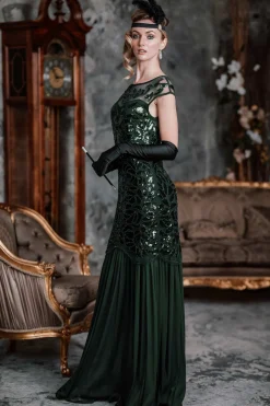 Outlet Retro Stage [US Warehouse] Green 1920s Sequin Maxi Flapper Dress