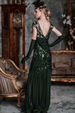 Outlet Retro Stage [US Warehouse] Green 1920s Sequin Maxi Flapper Dress