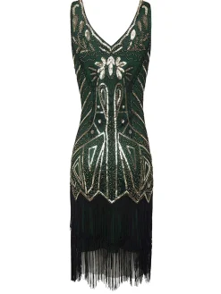 Discount Retro Stage [US Warehouse] 1920s Sequin Fringed Flapper Dress Green